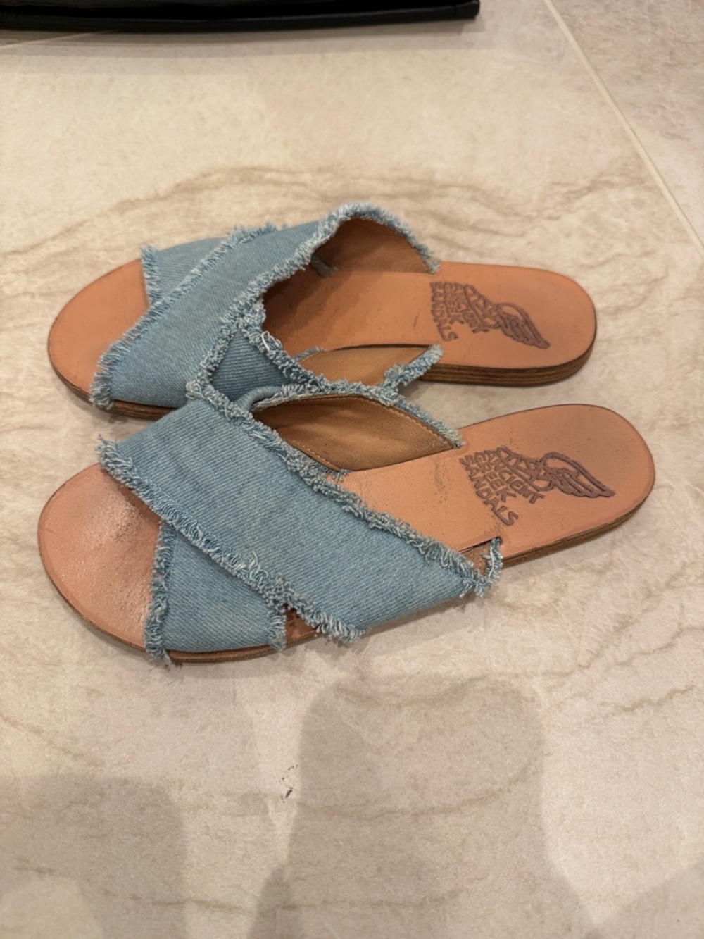Ancient Greek Sandals Light Blue Denim Slide Sandals